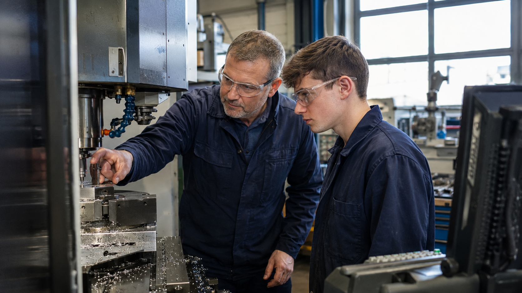 Un technicien expérimenté forme un jeune apprenti sur une machine-outil dans un atelier industriel