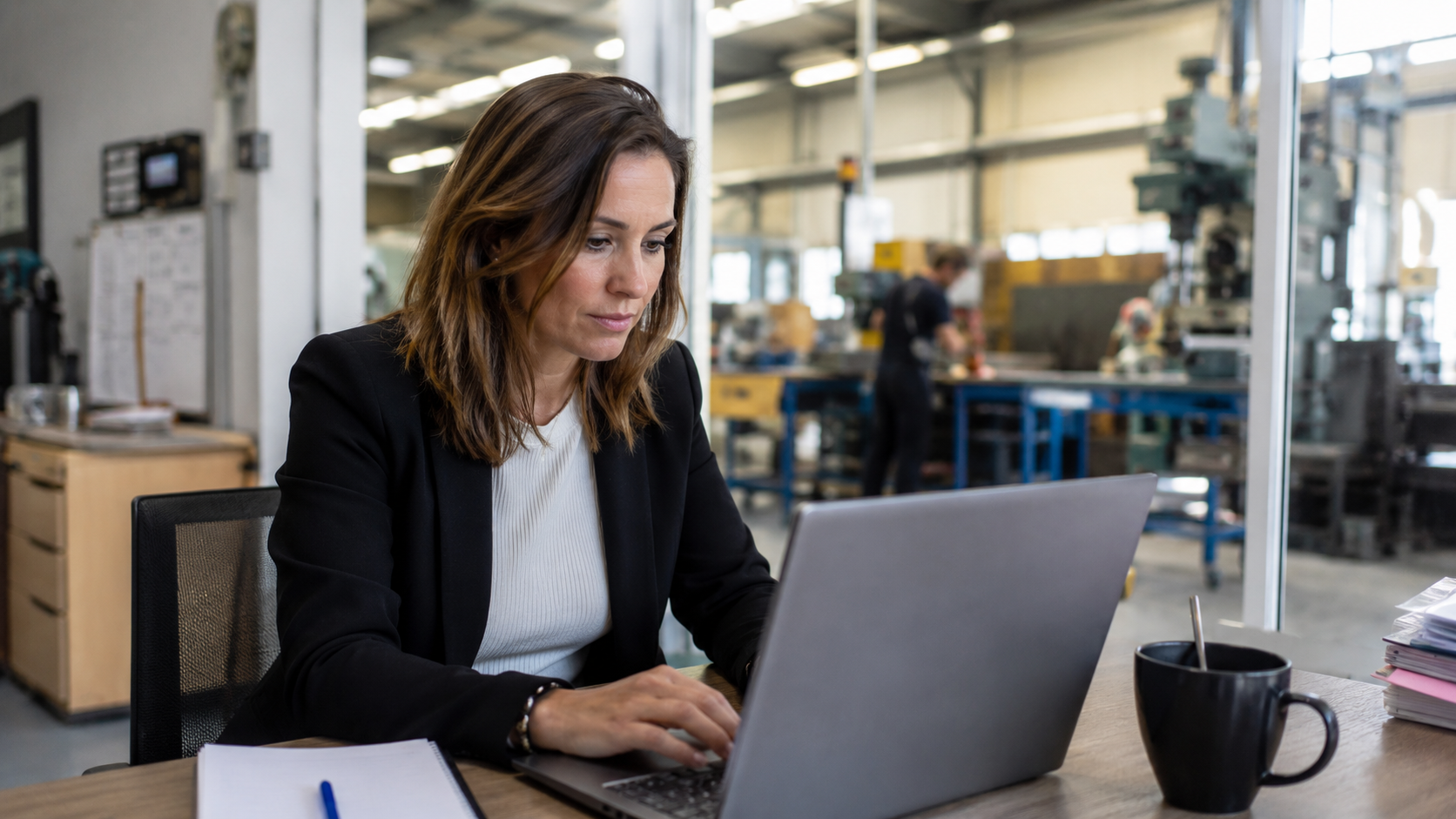 Responsable communication d’une PME industrielle rédige un post LinkedIn sur son ordinateur, atelier en arrière-plan