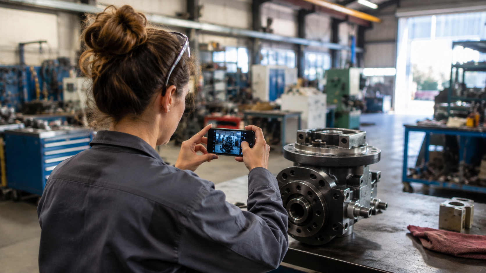 Salariée d’un atelier photographie une pièce industrielle avec son smartphone pour créer du contenu LinkedIn