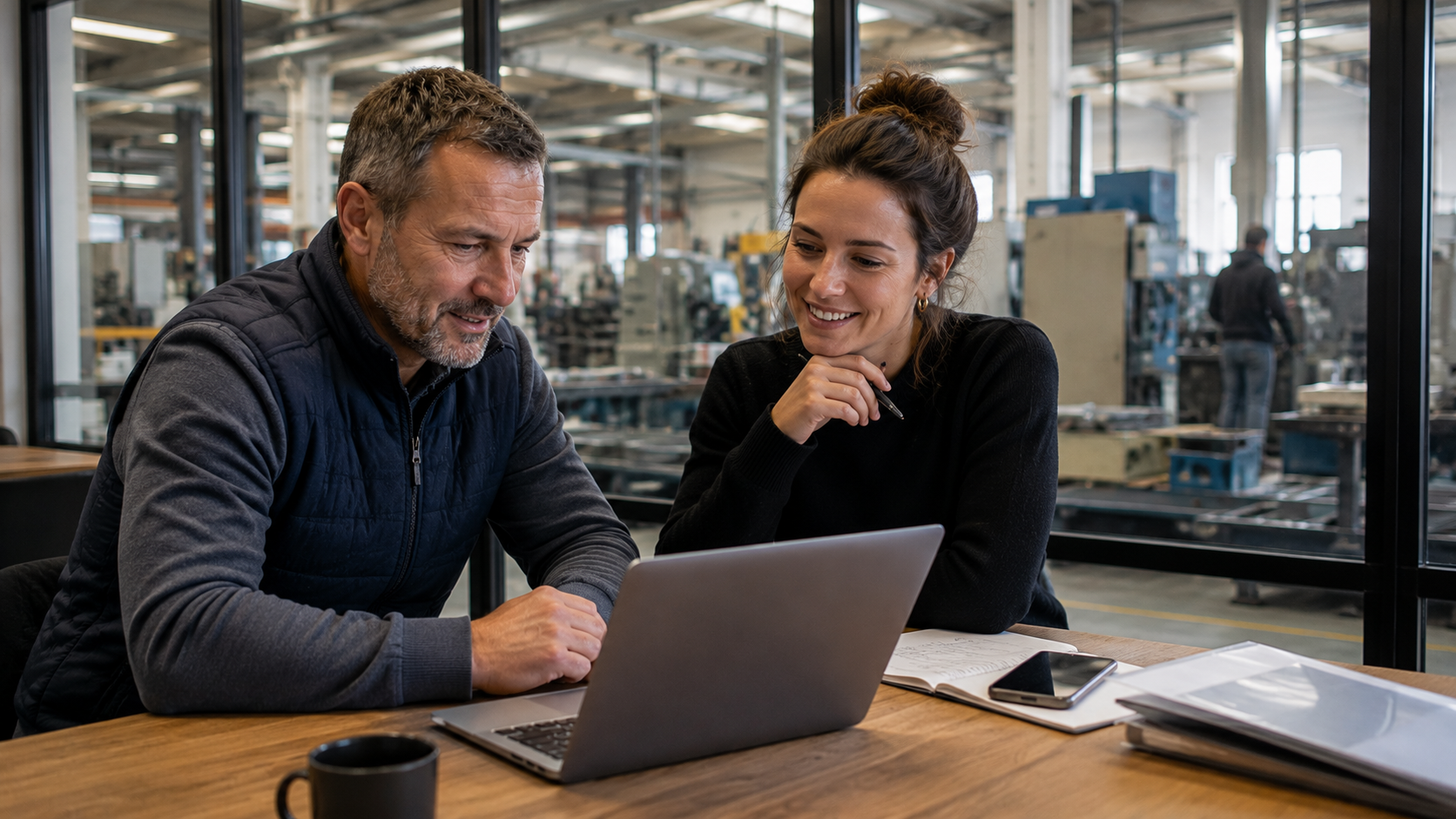 Dirigeant de PME industrielle et consultante LinkedIn travaillant ensemble sur un ordinateur portable