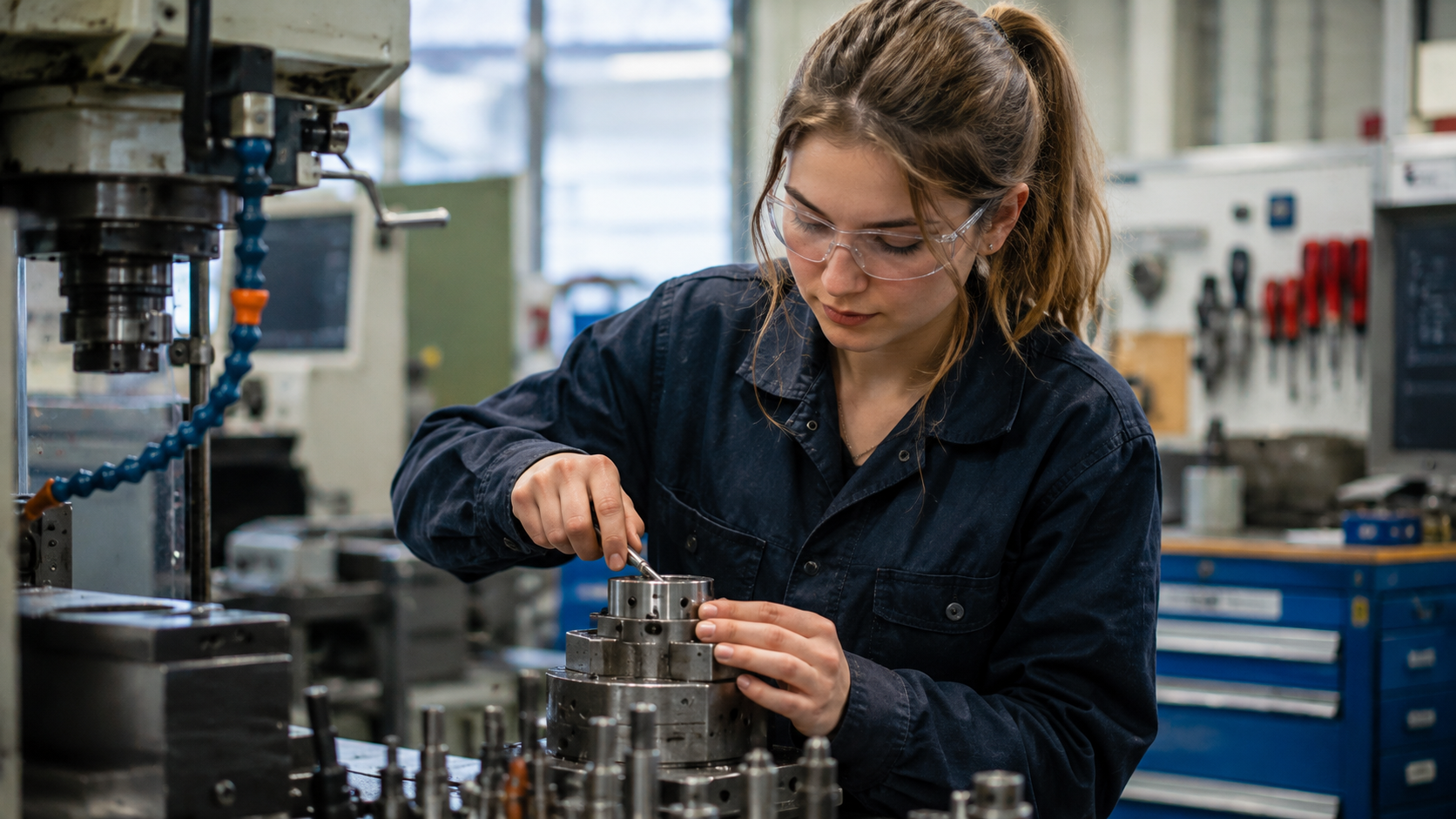 Jeune alternante en mécanique de précision concentrée à son poste dans un atelier industriel